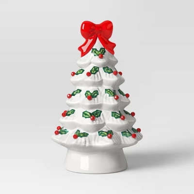 12" Lit Ceramic White Christmas Tree With Red Bow - Wondershop™ 4 12" Lit Ceramic White Christmas Tree With Red Bow - Wondershop™ - Image 2