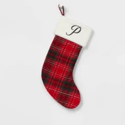 20" Plaid Monogram Christmas Holiday Stocking With Faux Fur Cuff Red/Green/White - Wondershop™ -Wondershop GUEST 2957194b 20be 44a5 b070 e1cd23dc1d65