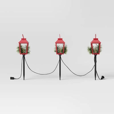 3pc Incandescent Red Metal Lantern With Greenery Christmas Novelty Path Light Clear - Wondershop™: UL Listed, Festive Outdoor Decor 4 3pc Incandescent Red Metal Lantern With Greenery Christmas Novelty Path Light Clear - Wondershop™: UL Listed, Festive Outdoor Decor - Image 2
