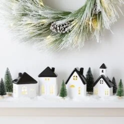 10pc Battery Operated Decorative Ceramic Village Kit White/Black With Green Trees - Wondershop™